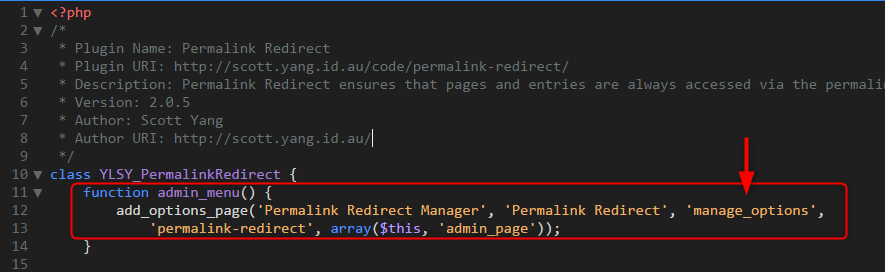 Permalink Redirectのadd_options_pageの第３引数を5からmanage_optionに変更